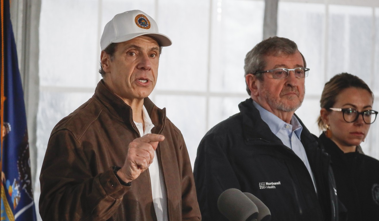New York Governor Andrew Cuomo making a point on Friday at a Covid-19 coronavirus infection testing facility in New Rochelle. Photo: AP