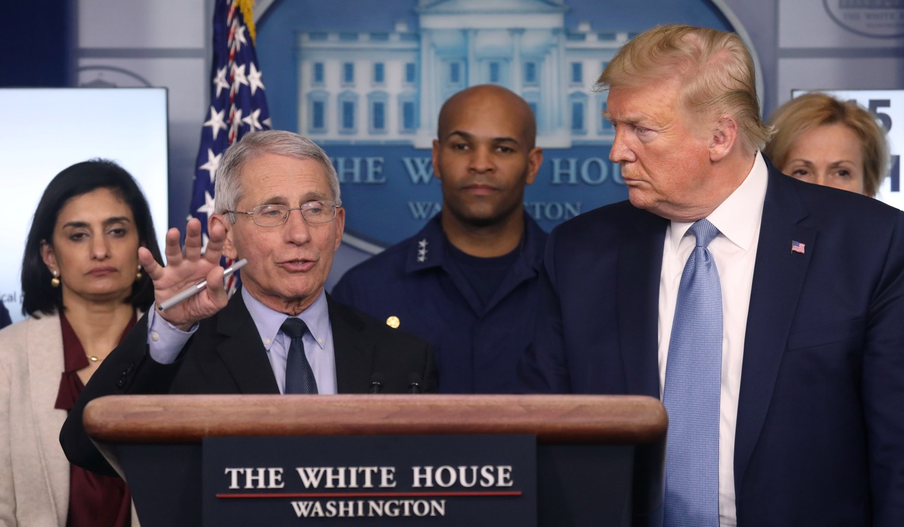US President Donald Trump listens as Anthony Fauci, director of the National Institute of Allergy and Infectious Diseases, speaks about the outbreak at the White House on Monday. Photo: Reuters