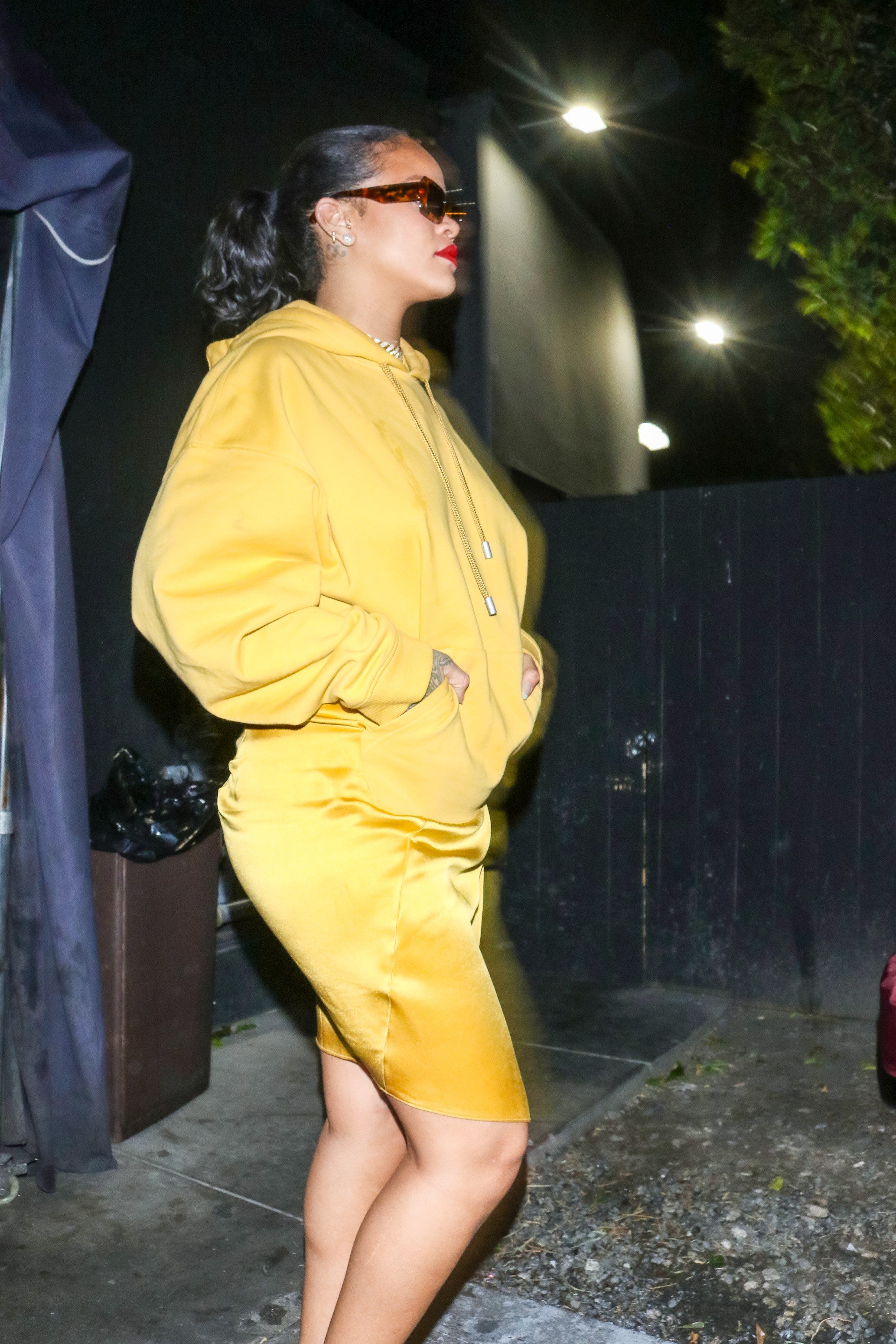 Rihanna in a hoodie dress by Fenty. Photo: Getty Images