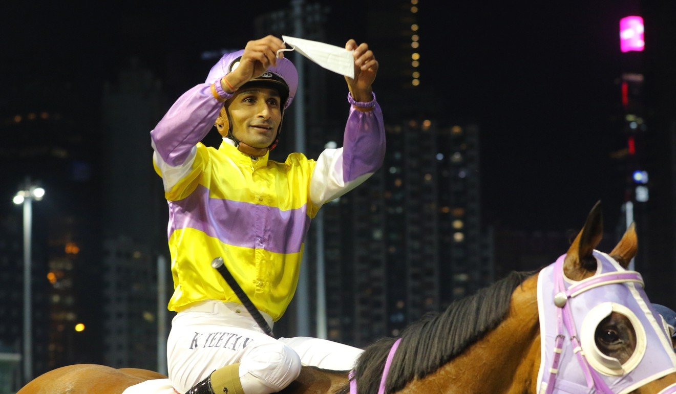 Karis Teetan puts on a mask after winning on Exceptional Desire. Photo: Handout