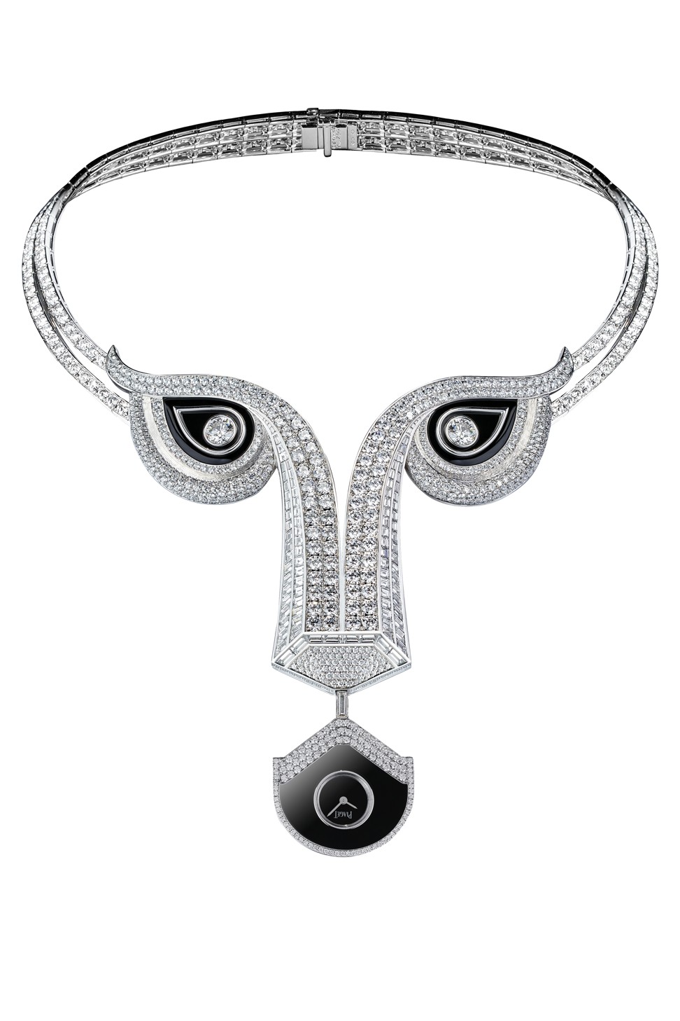 The Piaget Limelight Exceptional secret watch necklace is crafted from 18-carat white gold and set with baguette-cut diamonds. Photo: Piaget