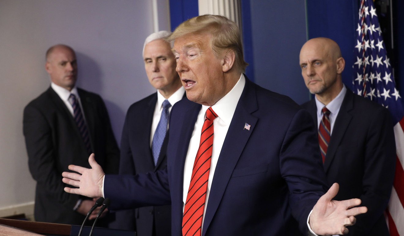US President Donald Trump during a briefing on the coronavirus pandemic at the White House on Thursday. Photo: EPA-EFE