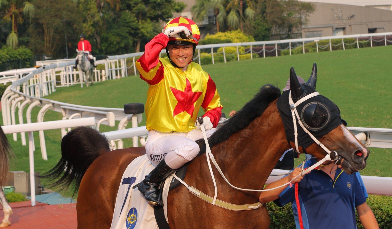 Keith Yeung celebrates a win aboard Savvy Six, who is owned by the same connections as his Derby mount Savvy Nine.