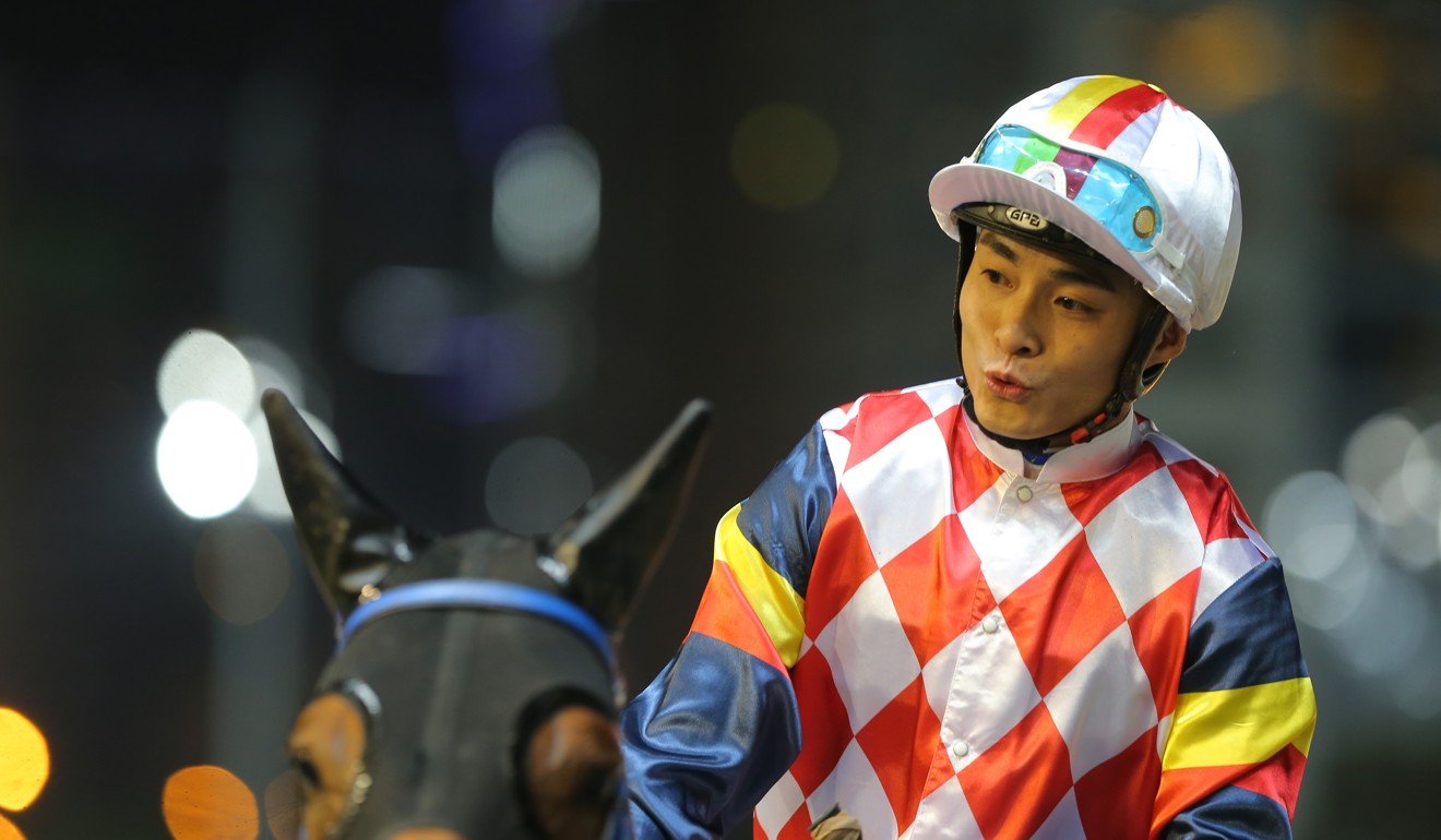 Keith Yeung celebrates his win on Hardly Swears at Happy Valley.