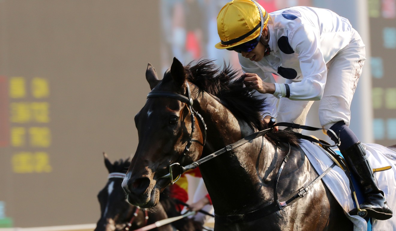 Vincent Ho crosses the line on Golden Sixty to win the Hong Kong Derby.