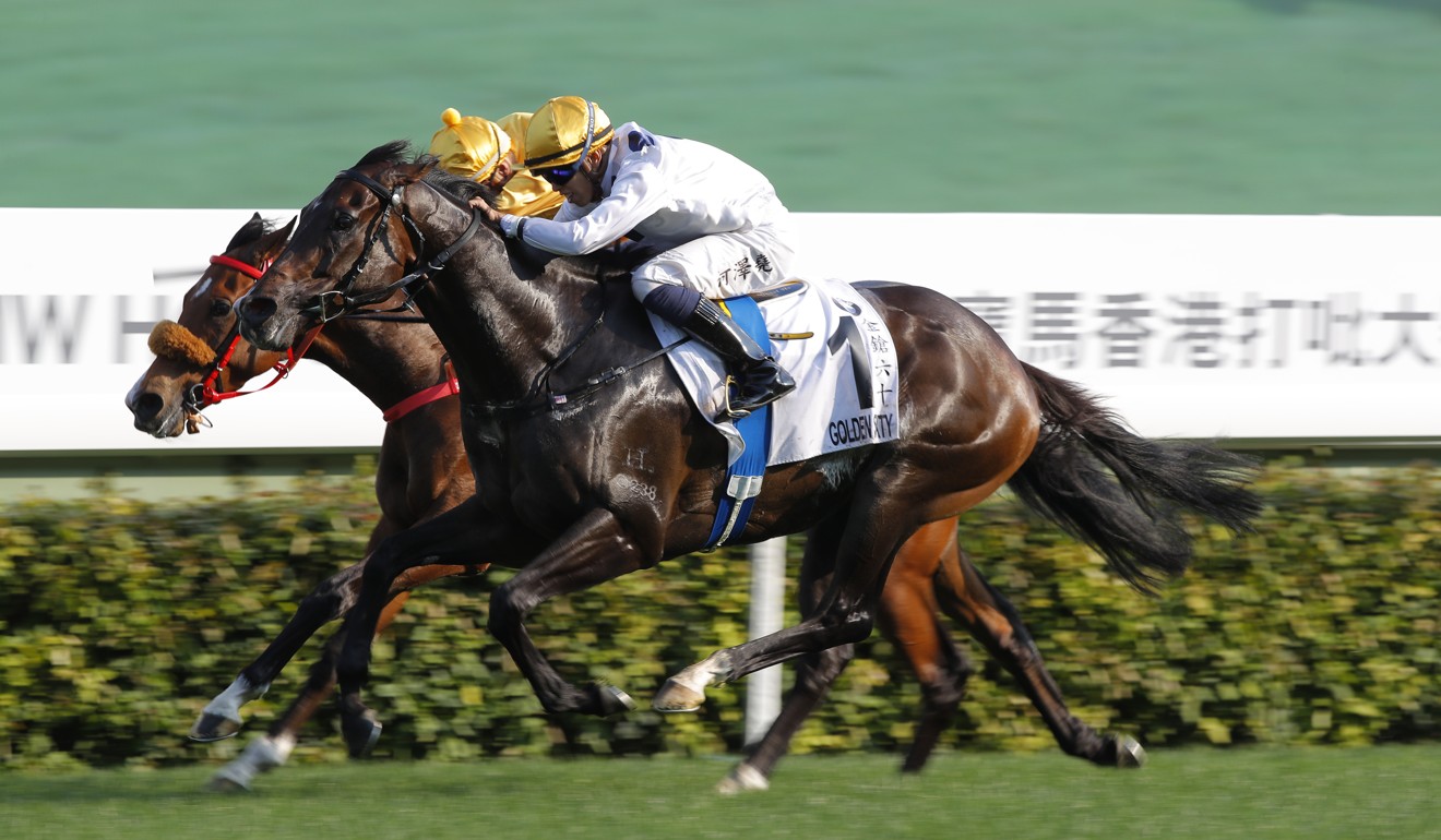 Vincent Ho races past Blake Shinn to win the Hong Kong Derby.