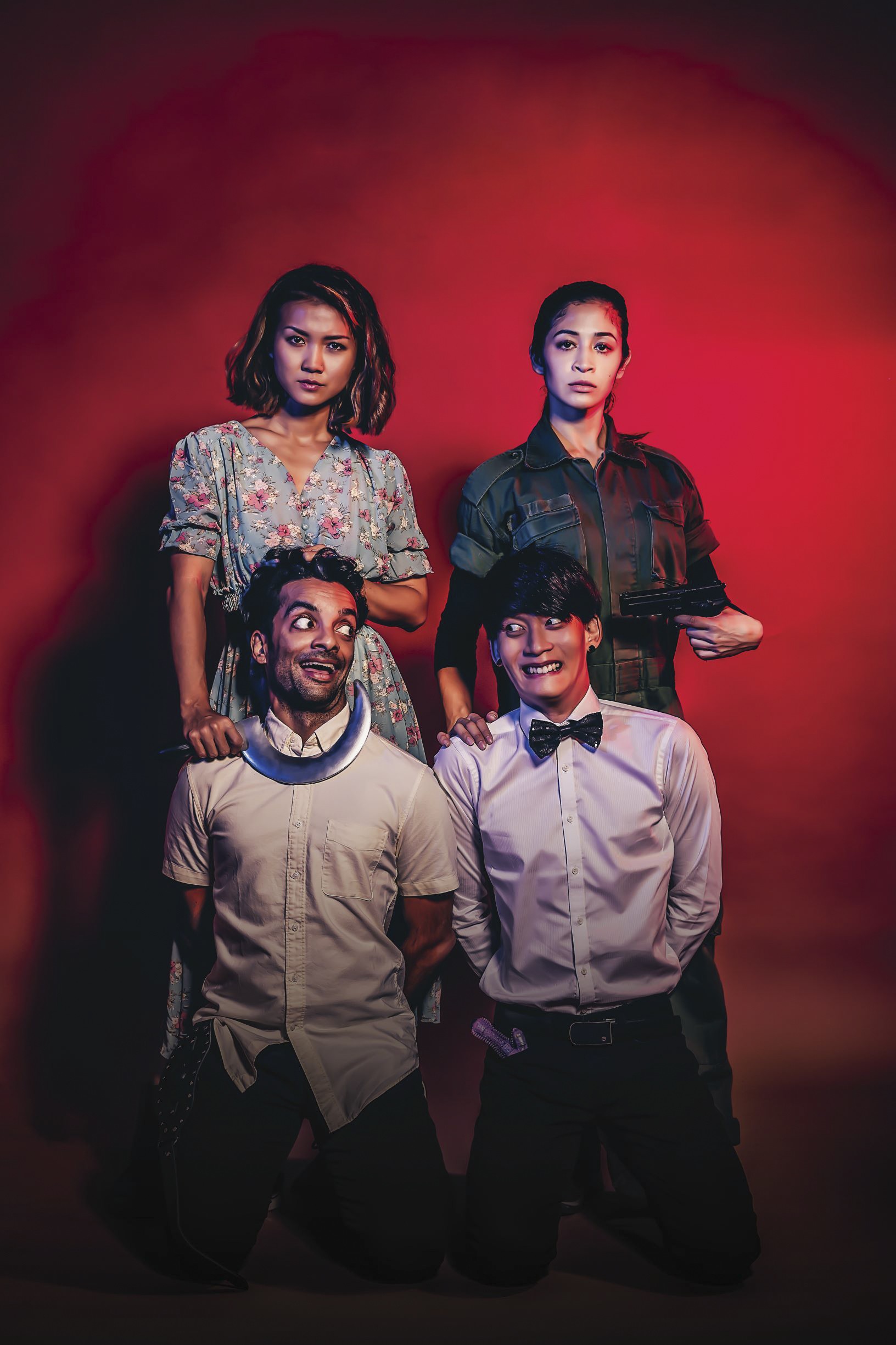 The cast of She’s A Terrorist And I Love Her (top, left to right) Caitanya Tan and Munah Bagharib, (bottom left to right) Haresh Tilani and Noah Yap. Photo: Ministry of Funny
