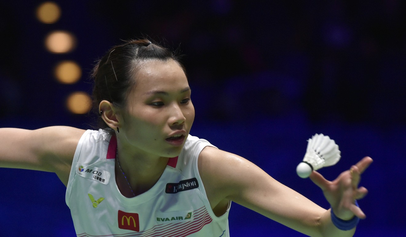 World number one Tai Tzu-ying of Taiwan serves to Chen Yufei of China during the All England Open final in Birmingham. Photo: AP