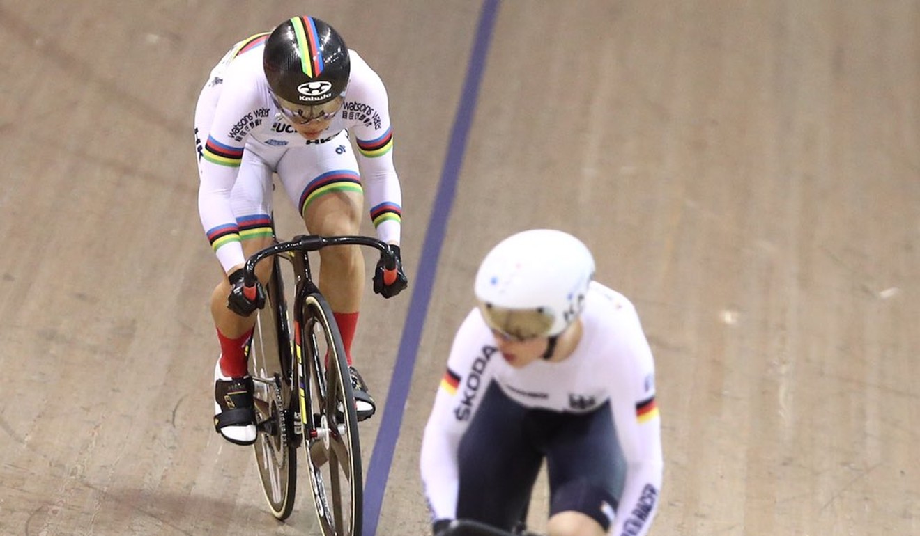 Sarah Lee (back) beats Emma Hinze of Germany in the sprint at the World Cup series in Glasgow last year.