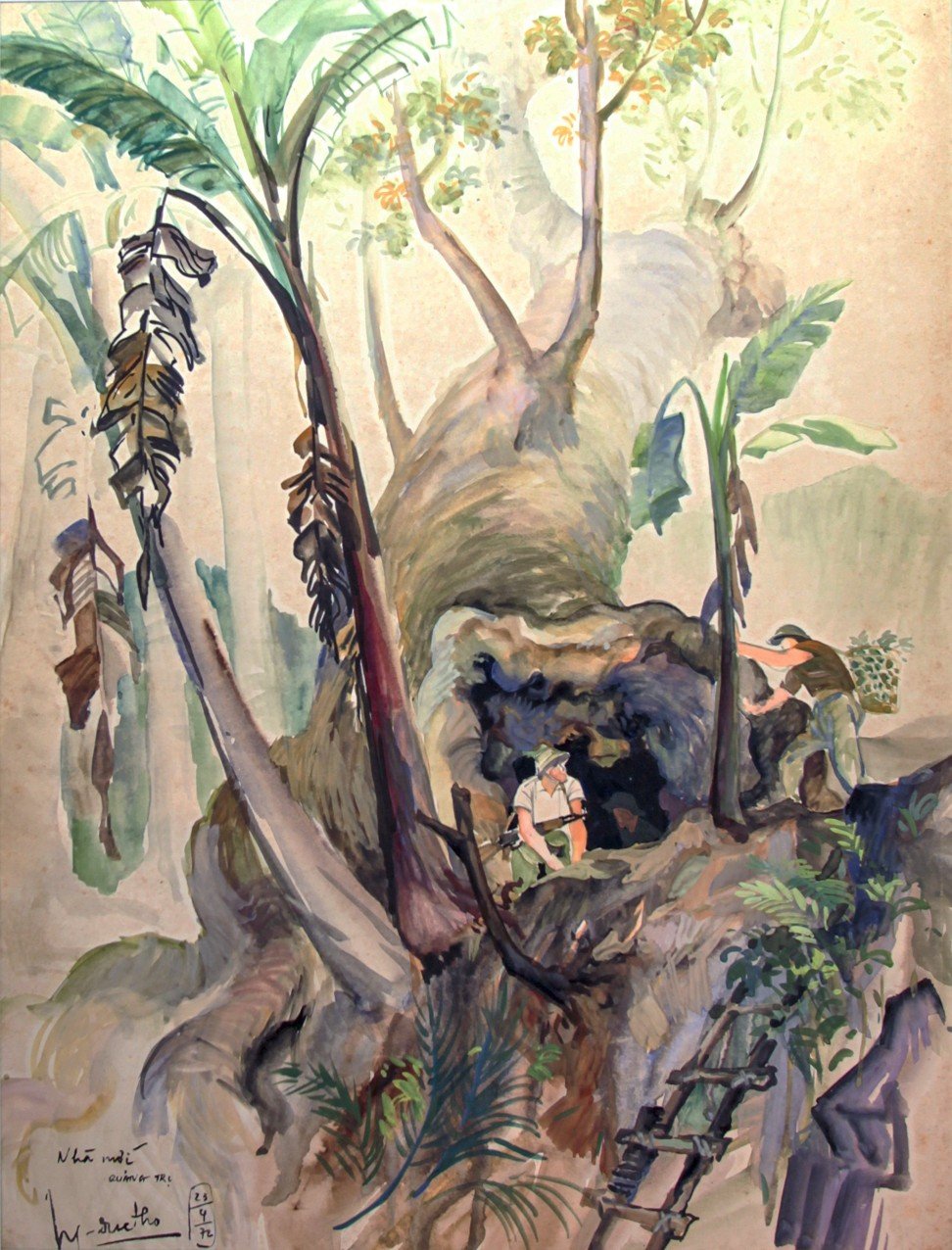 Viet Cong soldiers cook in the shelter of the fallen tree in Tho’s 1972 painting. Image: Witness Collection / Nguyen Duc Tho