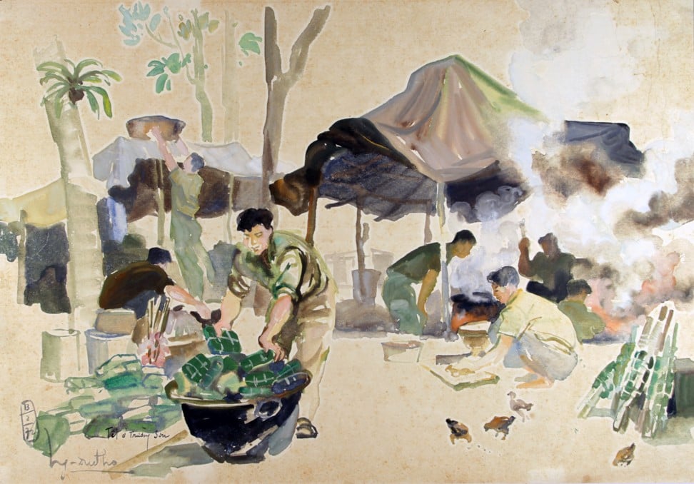 A Viet Cong unit prepares for Lunar New Year celebrations while camping on the Ho Chi Minh trail in Nguyen Duc Tho’s 1972 painting. Image: Witness Collection / Nguyen Duc Tho