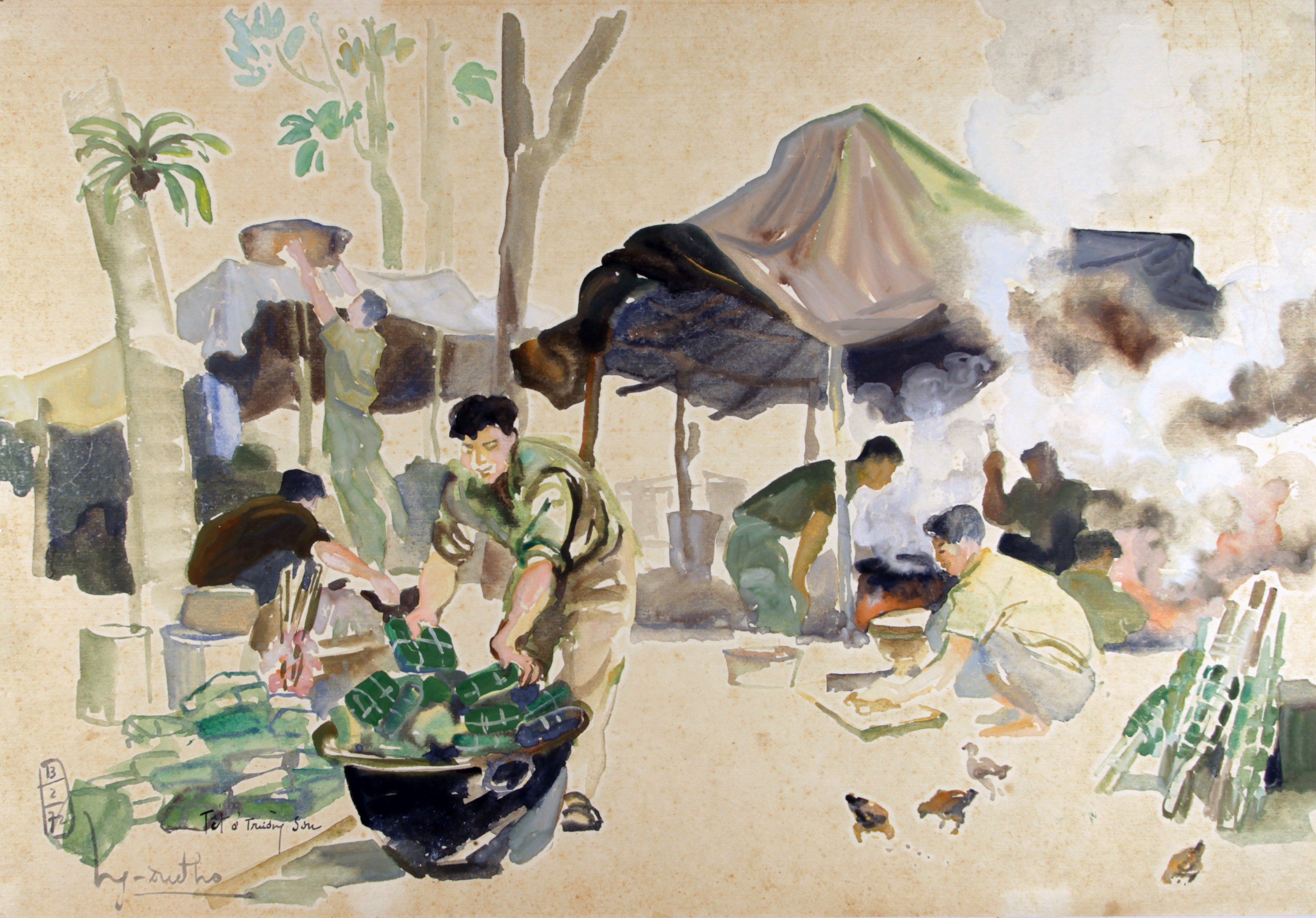 A dance troop performs in the middle of the Vietnamese jungle in war artist Bui Quang Anh’s 1971 painting. Image: Witness Collection / Bui Quang Anh
