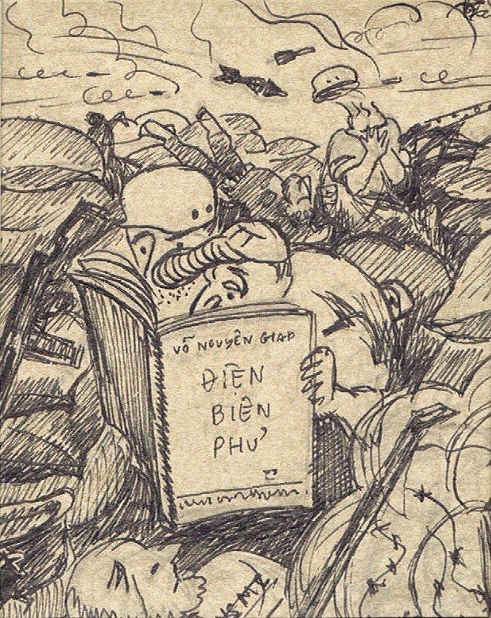 US marines hunker down at Khe Sanh Combat Base learning from the experience at Dien Bien Phu in a sketch by Pham Thanh Tam. Image: Witness Collection