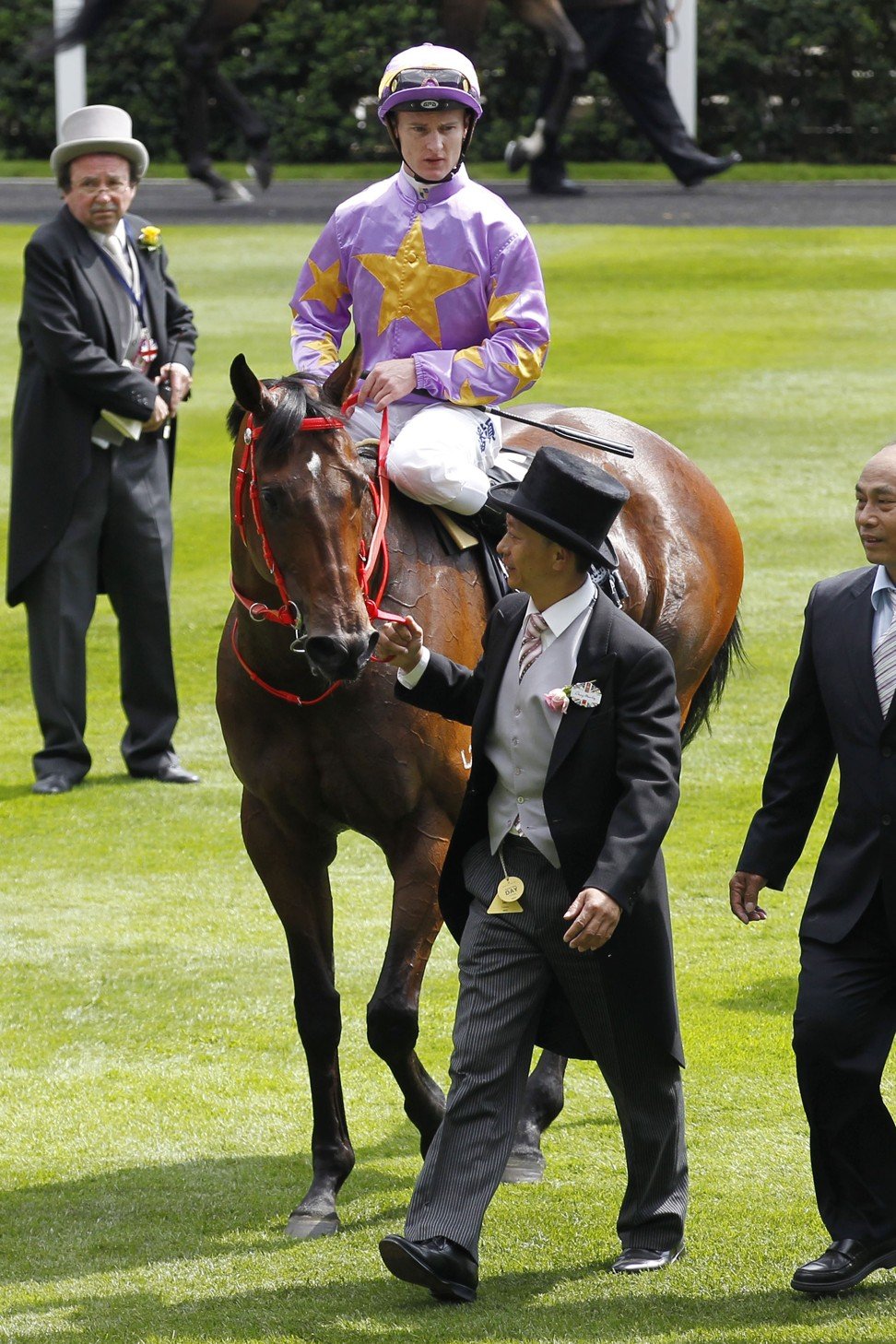 Trainer Danny Shum leads Little Bridge and jockey Zac Purton after winning the 2012 King's Stand Stakes at Royal Ascot. Photo: AP Photo/Sang Tan