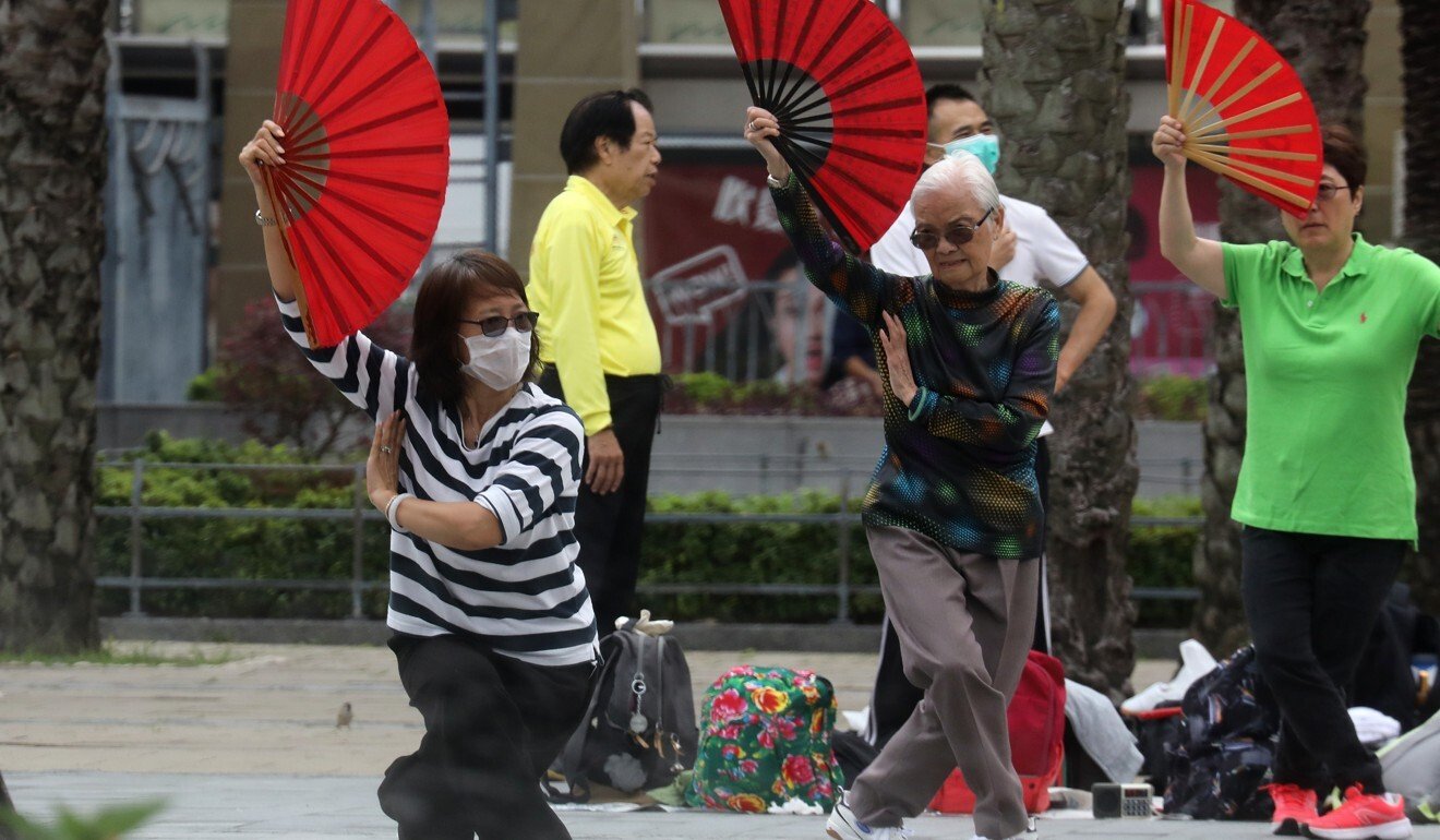People exercising with face masks at Victoria Park in Hong Kong’s Causeway Bay. Photo: Dickson Lee