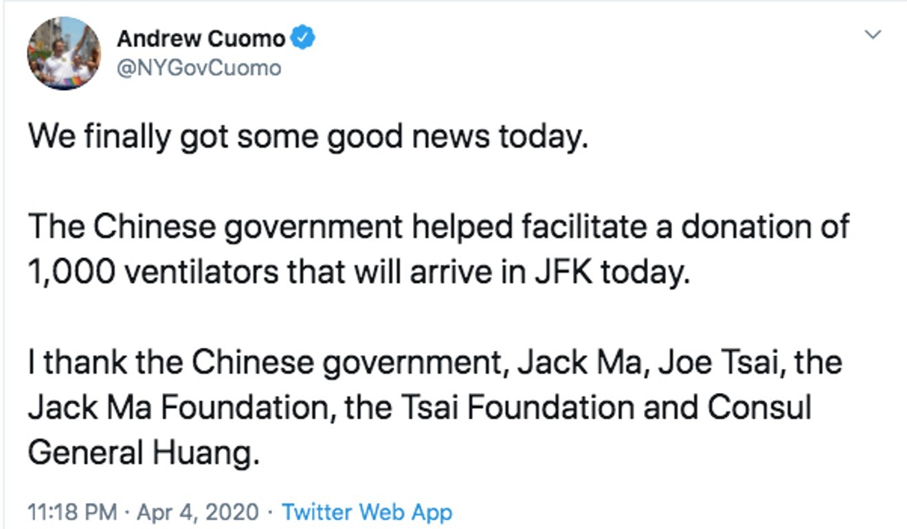 A tweet from New York Governor Andrew Cuomo thanking the Chinese government for the 1,000 ventilators donated by Jack Ma Foundation and Joe Tsai Foundation. Photo: Twitter
