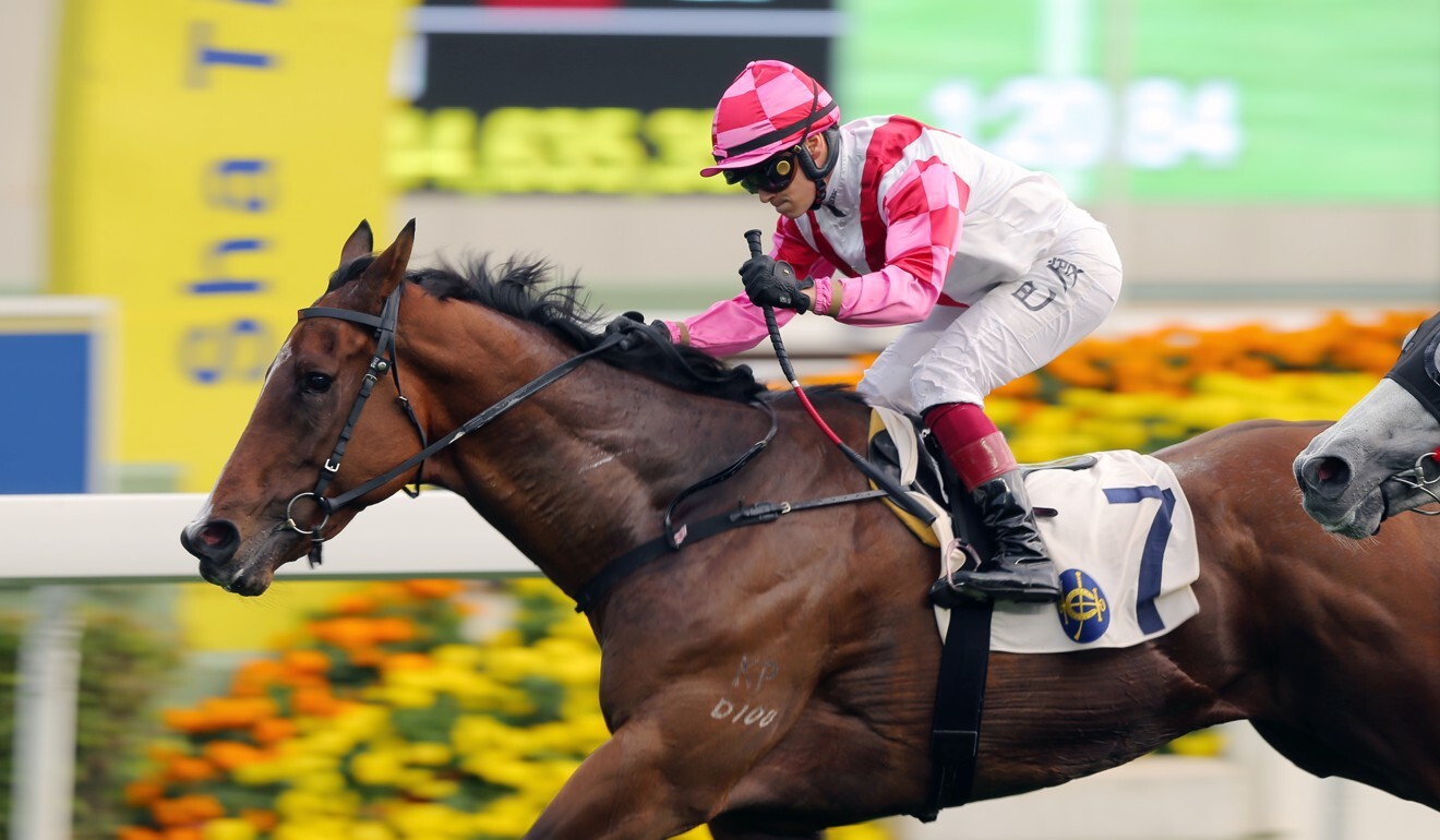 Super Wealthy wins under jockey Alexis Badel at Sha Tin.