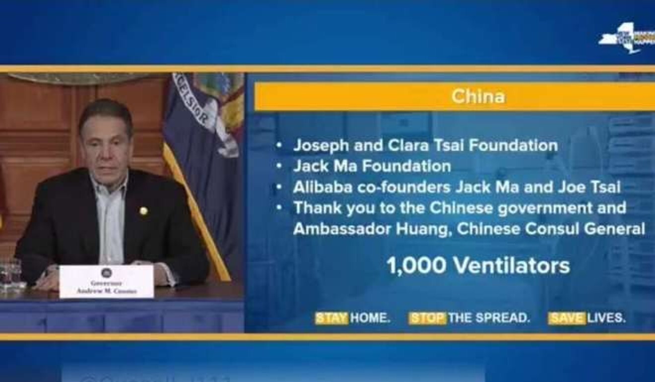 New York Governor Andrew Cuomo thanks the Chinese government for ventilators donated by Jack Ma Foundation and Joe Tsai Foundation, which arrived in New York on Saturday. Photo: Handout