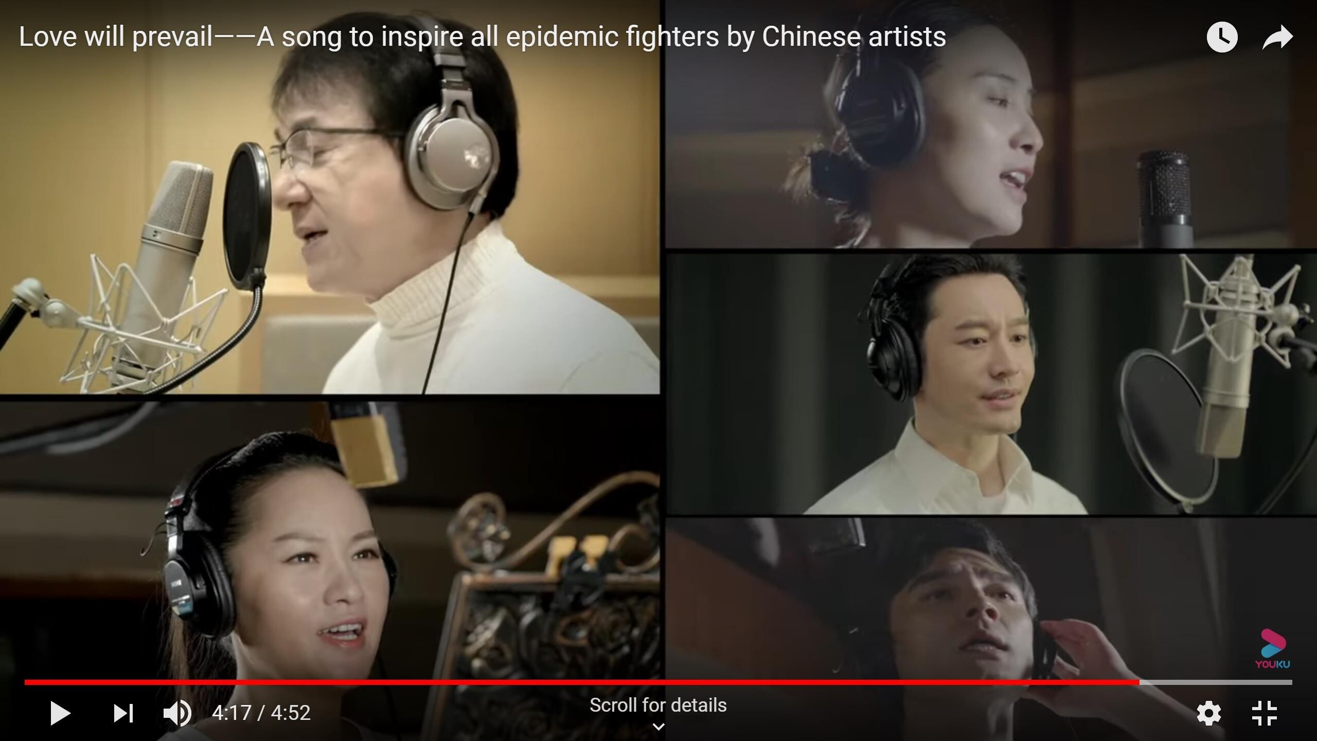 Stars including Jackie Chan and Huang Xiaoming singing Love Will Prevail, a reference to fighting the coronavirus. Photo: YouTube