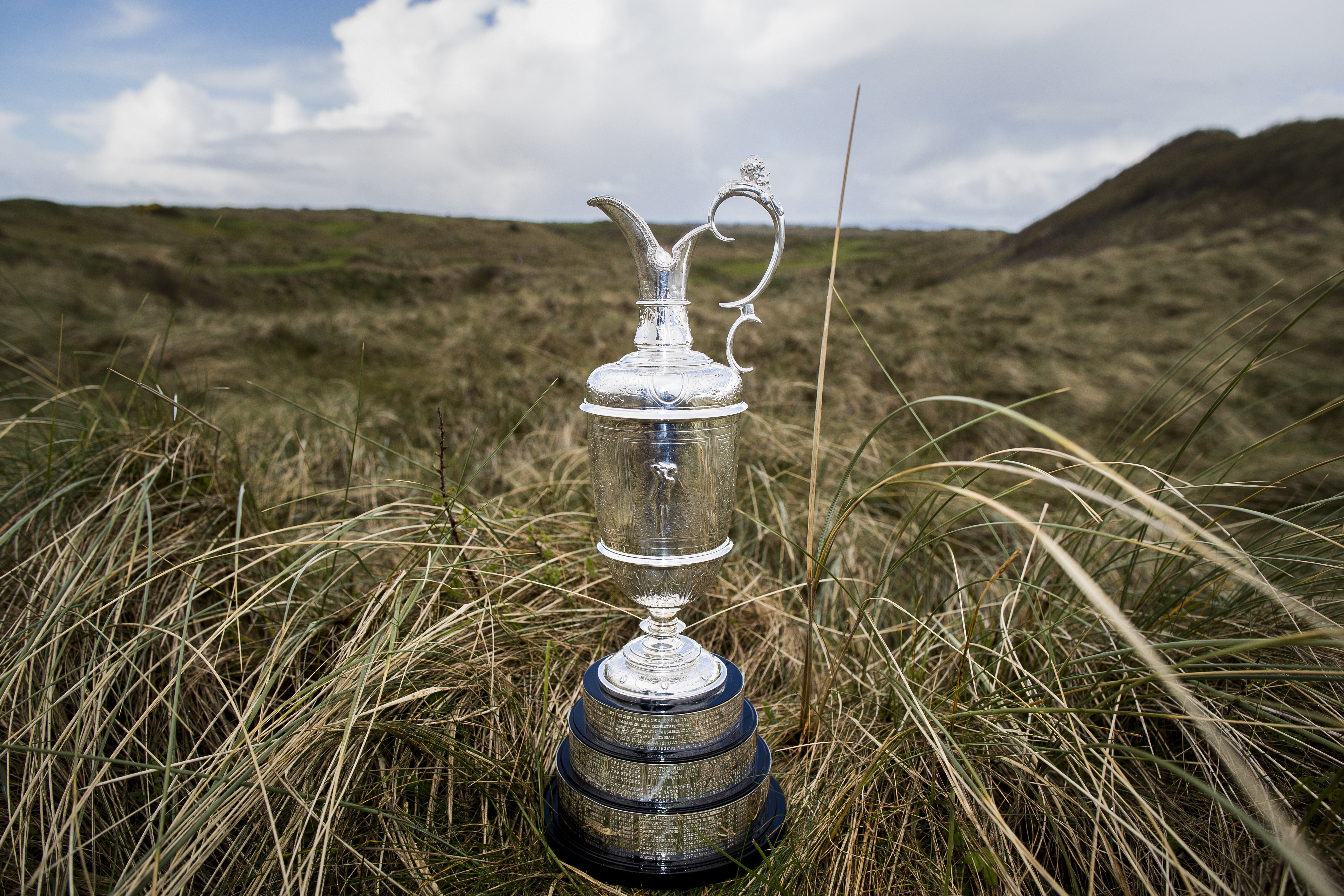 The Claret Jug is pictured at the 18th hole at Royal Portrush Golf Club. The 2020 Open Championship has been cancelled. Photo: PA
