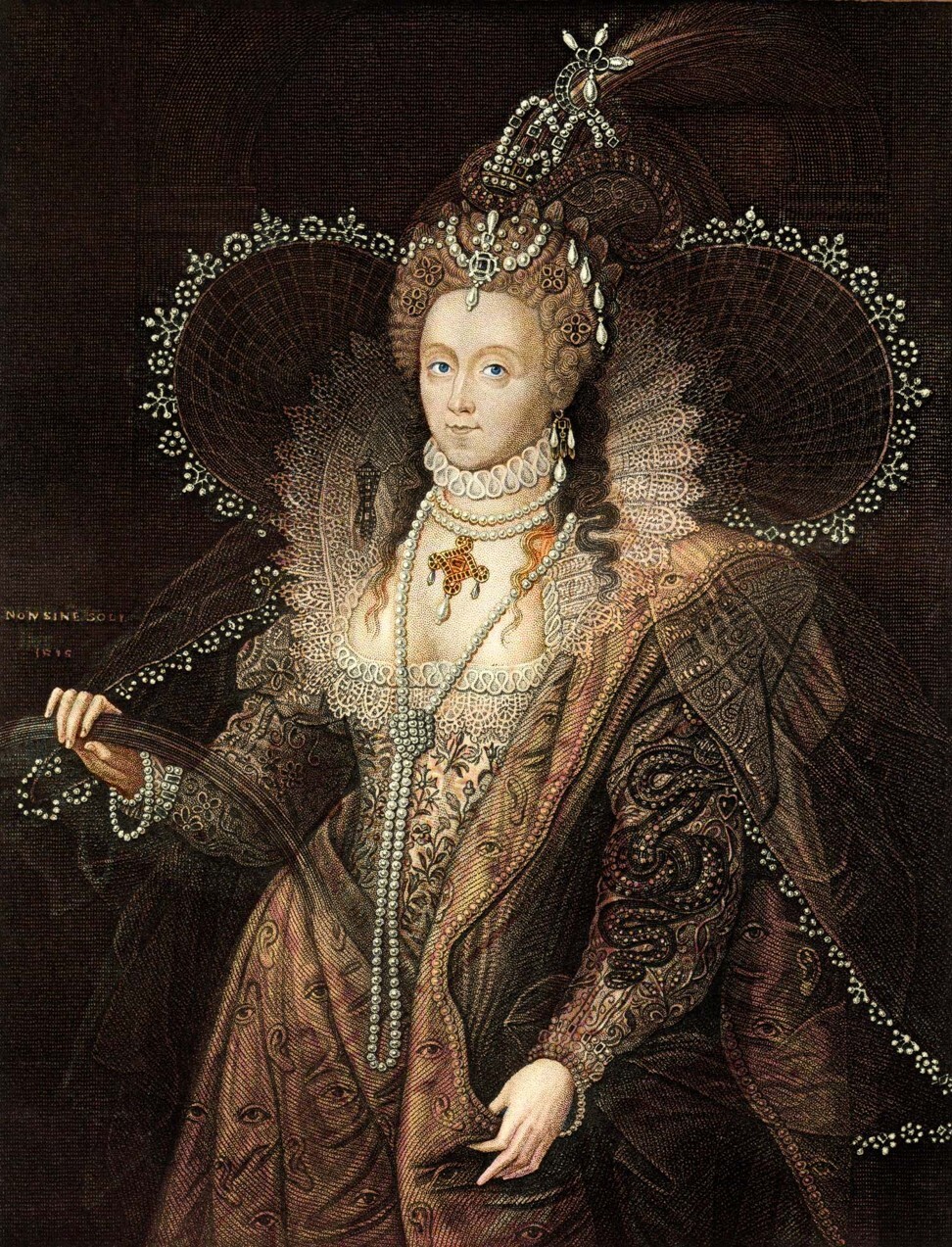 This vintage engraving of Queen Elizabeth I is based on the famous Rainbow portrait of the queen painted in 1600. Note engraving from 1855 photo and colour work by D Walker. Photo: Getty Images
