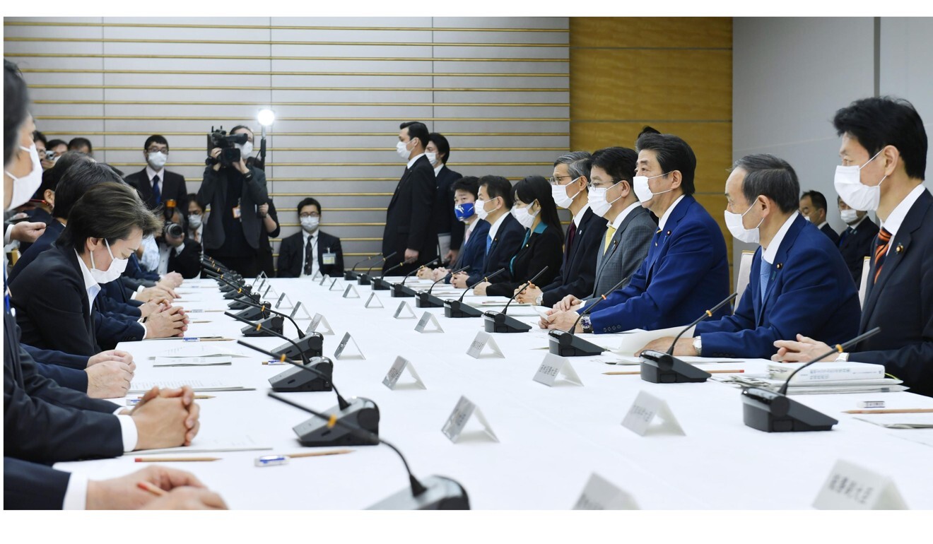 Japanese Prime Minister Shinzo Abe declares a one-month state of emergency, at a meeting of the government's coronavirus task force in Tokyo. Photo: Kyodo