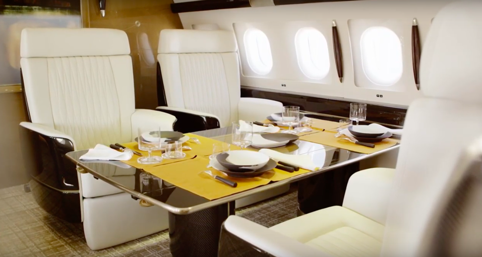 Dining area of Airbus A319 Corporate Jet – one side seats four and is ideal for a group dinner, while the other seats two and offers a more intimate setting. Photo: YouTube