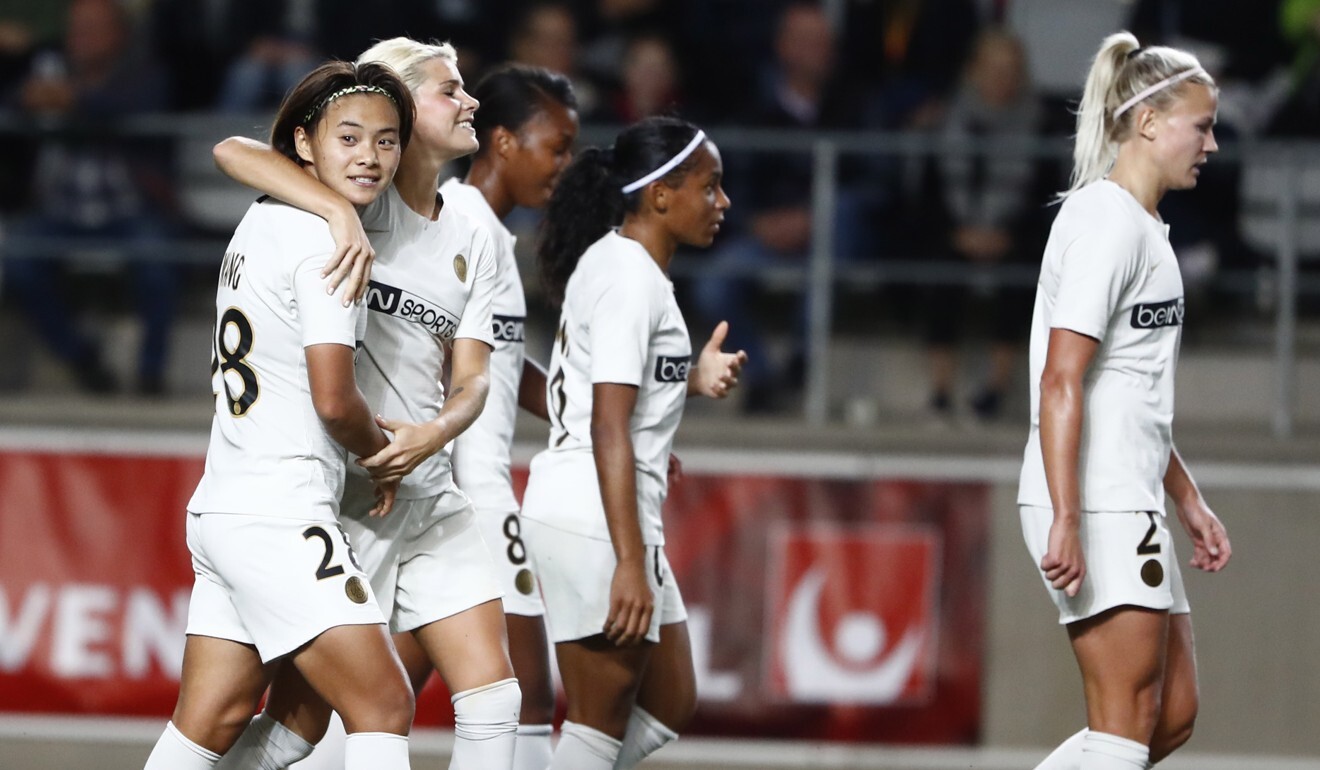 Wang Shuang celebrates with her PSG teammates after scoring in the women's Champions League round of 16 against Linkoping of Sweden. Photo: EPA