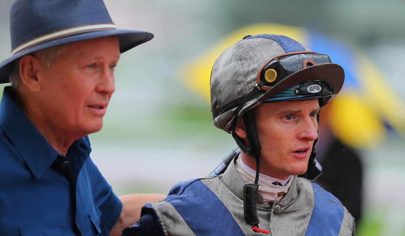 John Moore with jockey Zac Purton after Aethero’s first win in Griffin company last year.