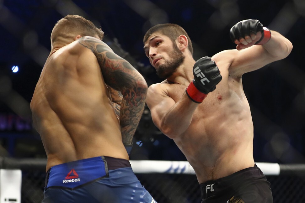 Khabib Nurmagomedov throws a punch at Dustin Poirier at UFC 242. Nurmagomedov is stranded in Russia, which ruled him out of fighting Tony Ferguson. Photo: AP