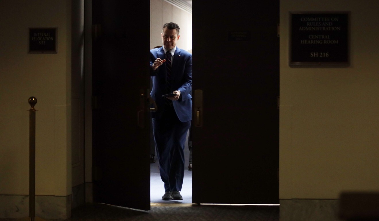 US Senator Todd Young leaves the room during a Senate Republican lunch on Capitol Hill in March. Photo: AFP