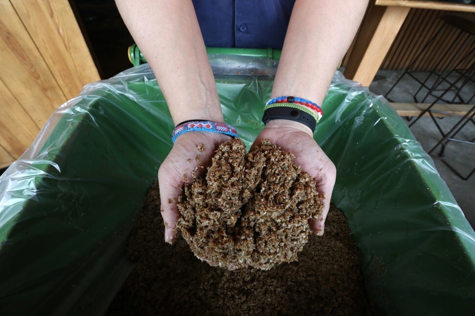 Yeung shows the discarded grain that will be given to Hong Kong Community Composting. Photo: Jonathan Wong