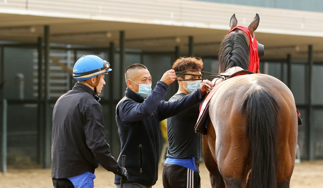 Antoine Hamelin talks to Danny Shum before riding Perfect Match on Thursday.