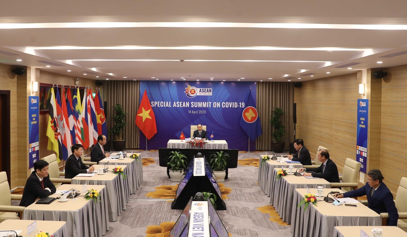 Vietnam’s Prime Minister Nguyen Xuan Phuc chairs a special video conference with leaders of the Association of Southeast Asian Nations. Photo: DPA