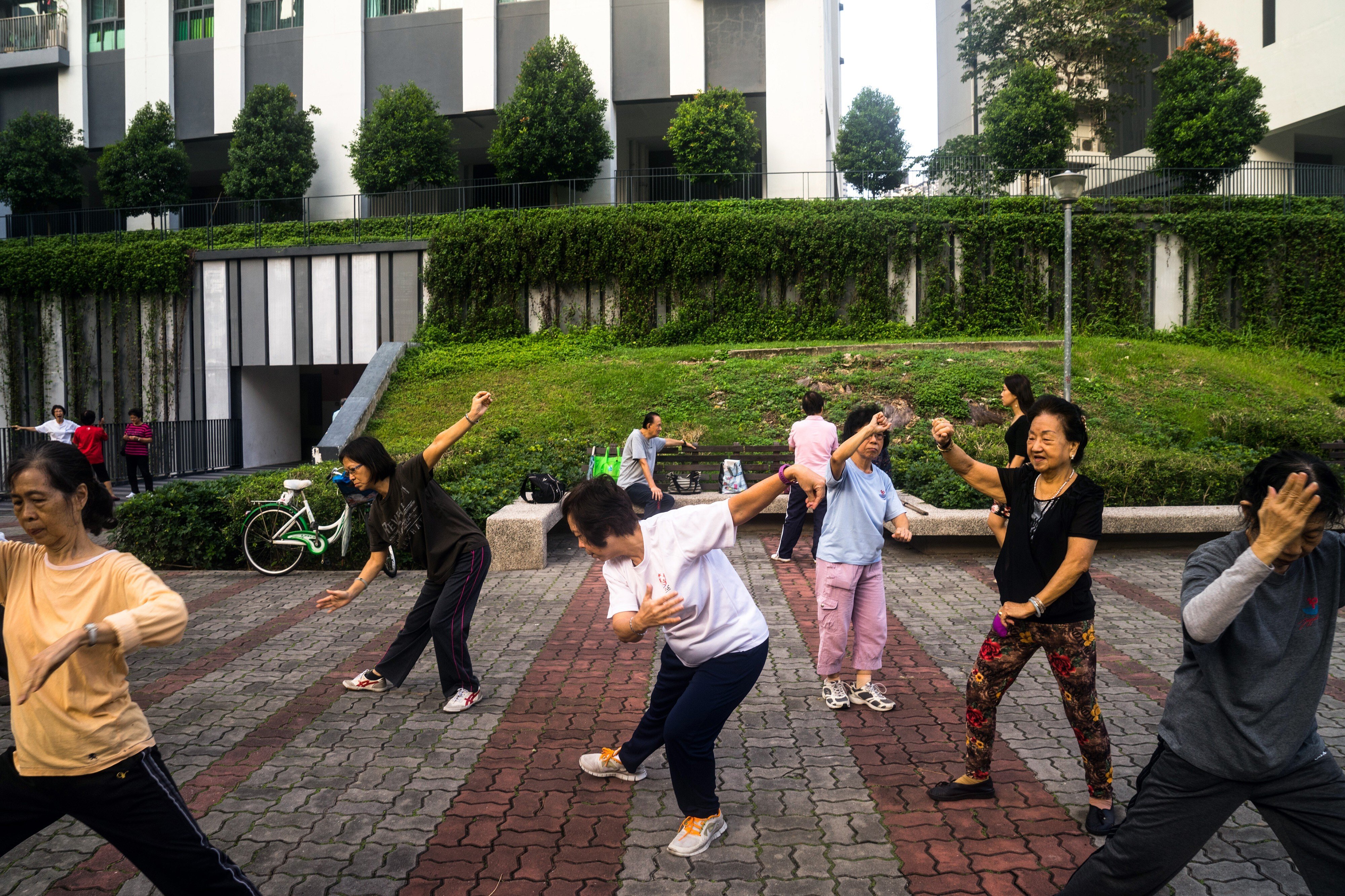 Singaporean residents practise tai chi at a Housing and Development Board (HDB) public housing estate in 2015. Photo: Bloomberg