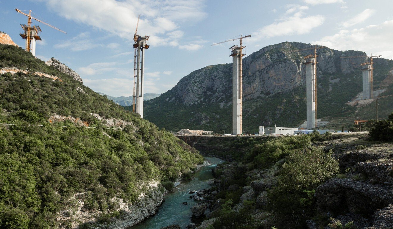 Cement pillars rise above the Moraca River as part of the Bar-Boljare highway construction project in Montenegro in 2018. Photo: Reuters