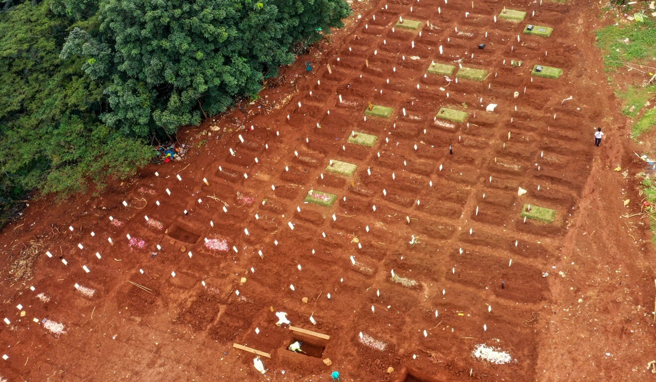 Workers prepare a burial site for a Covid-19 victim at a cemetery in Jakarta. Photo: AFP