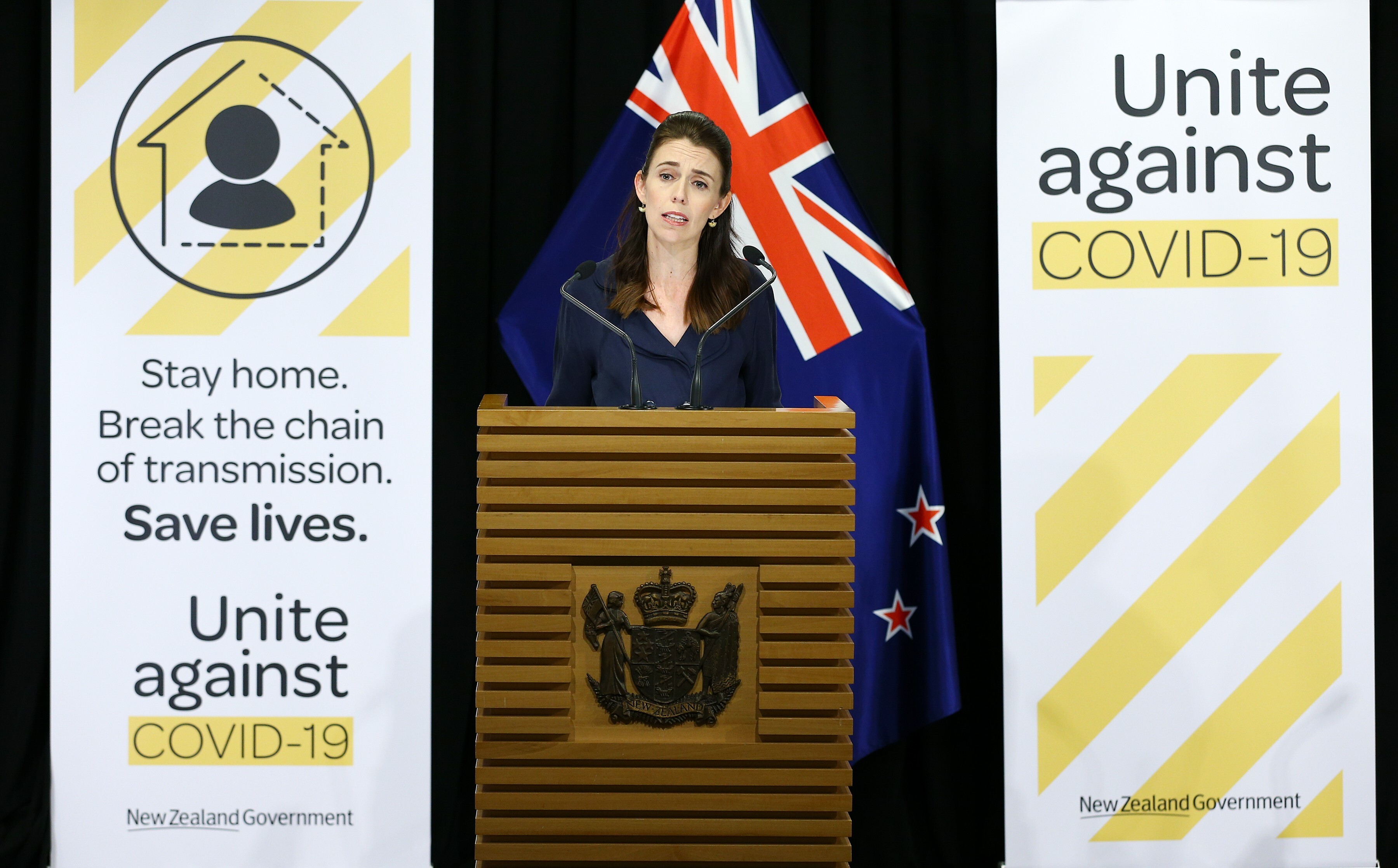 New Zealand’s Prime Minister Jacinda Ardern gives a Covid-19 update to media on April 5. Photo: Xinhua