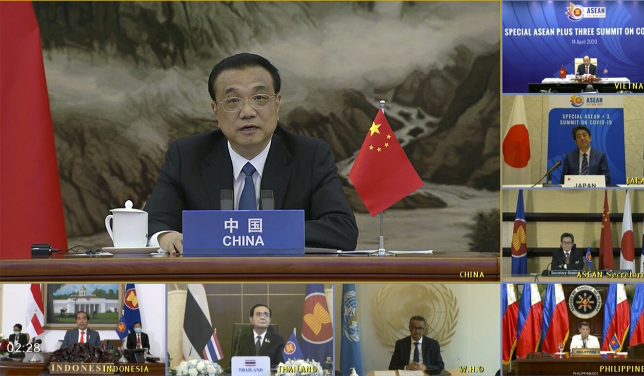 Chinese Prime Minister Li Keqiang speaks to Asean Plus Three leaders during a virtual summit on Tuesday. Photo: AP