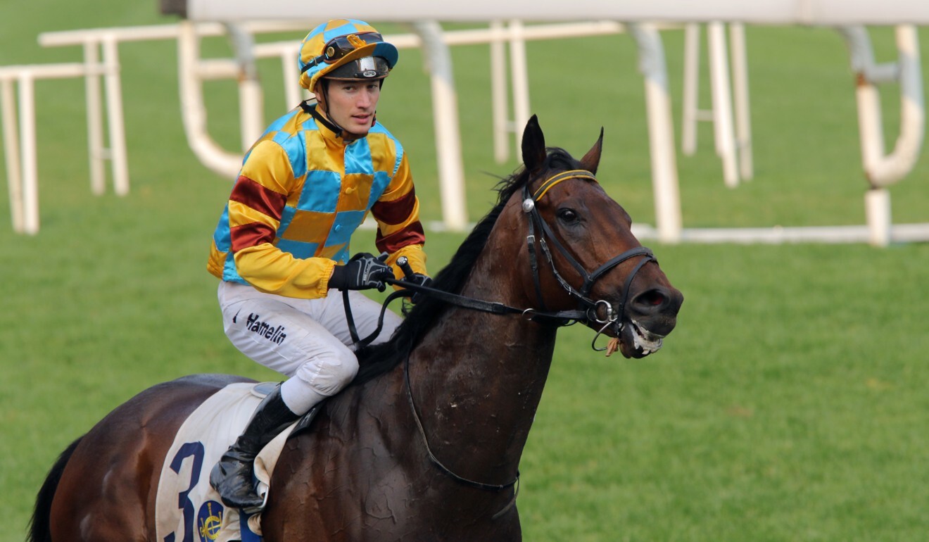 French jockey Antoine Hamelin returns after winning on Mega Heart at Sha Tin.