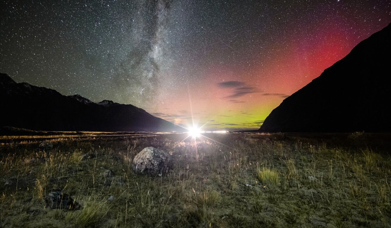 The southern lights and Milky Way at Mount Cook National Park, New Zealand. Photo: Getty Images