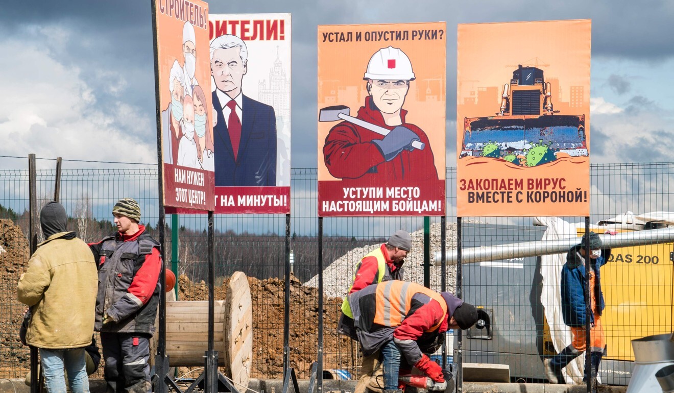 Workers finish construction of a new hospital for coronavirus patients outside Moscow, Russia. Photo: AFP