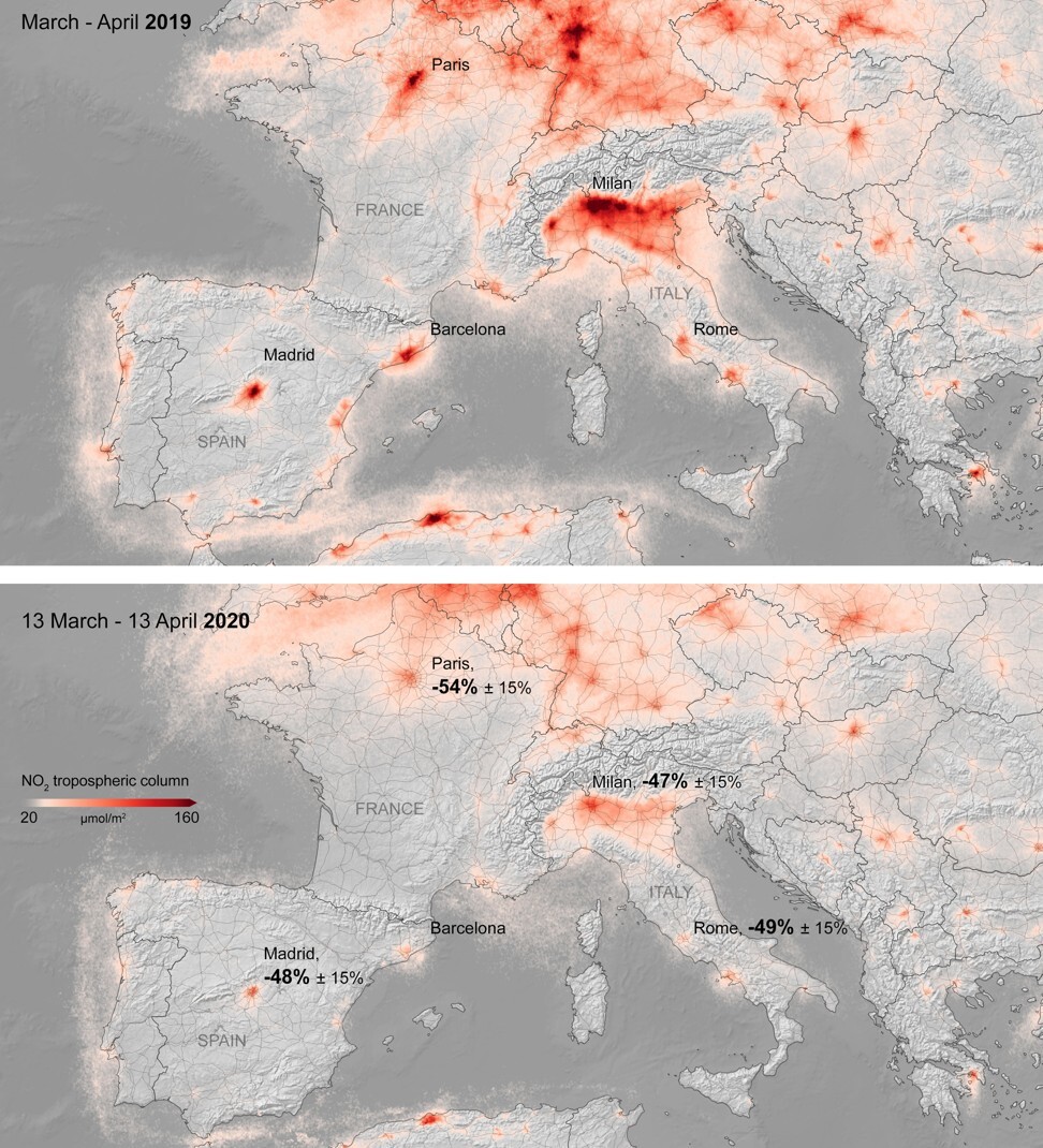 Maps made available by the Royal Netherlands Meteorological Institute and European Space Agency show the average nitrogen dioxide concentrations over Europe in March and April 2019 (top) and from March 13 to April 13, 2020, during the coronavirus lockdown. Photo: AP