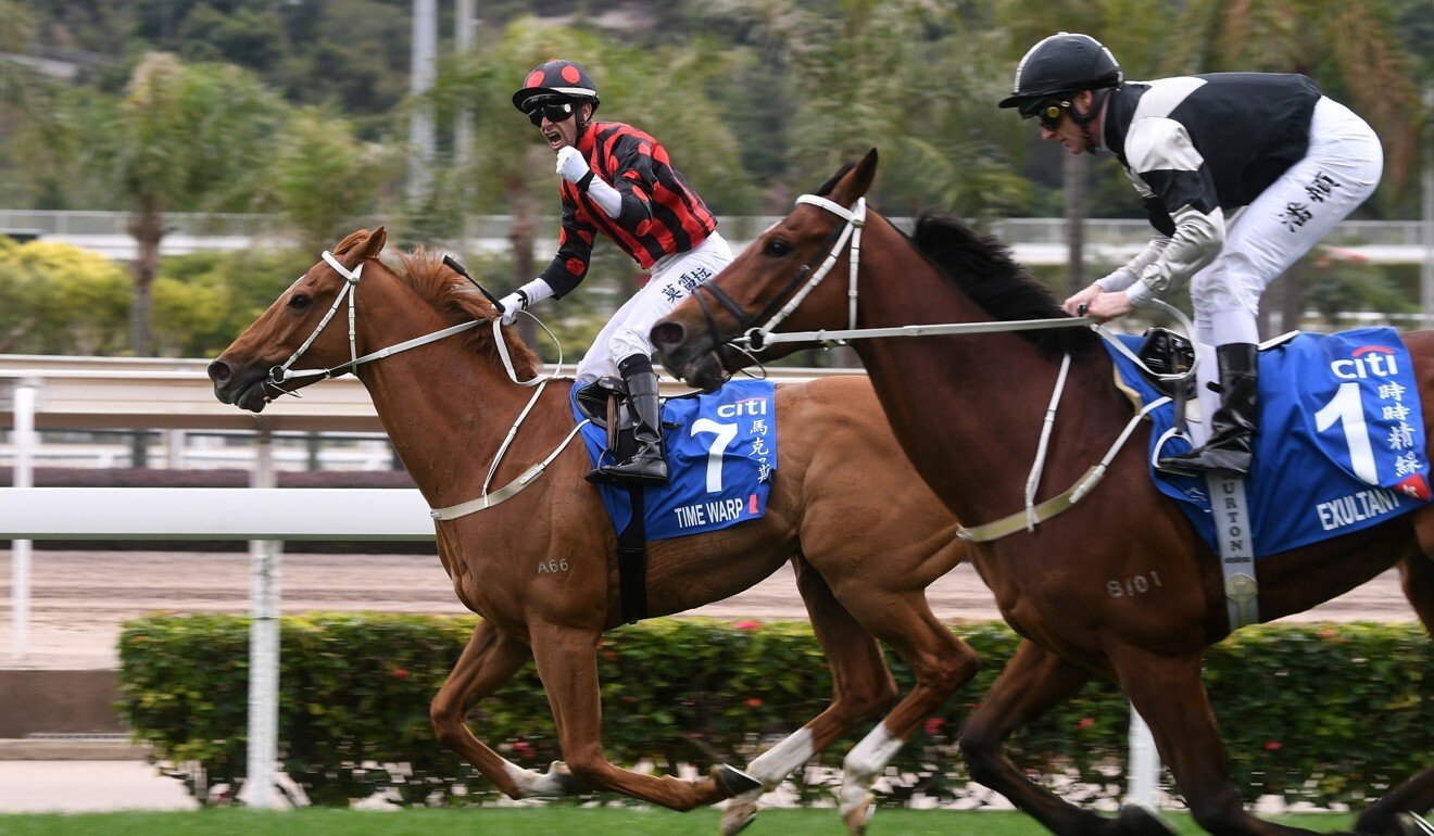 Joao Moreira celebrates on Time Warp after beating Exultant in the Group One Gold Cup earlier this season.