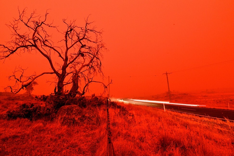 Red skies over Cooma, in New South Wales, as a result of Australia’s devastating bushfires, in January. Photo: AFP