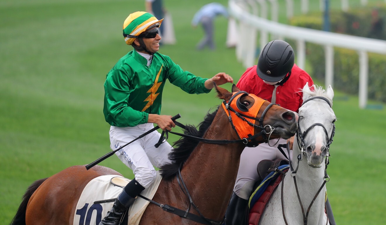 Joao Moreira celebrates his win on Fantastic Show at Sha Tin.