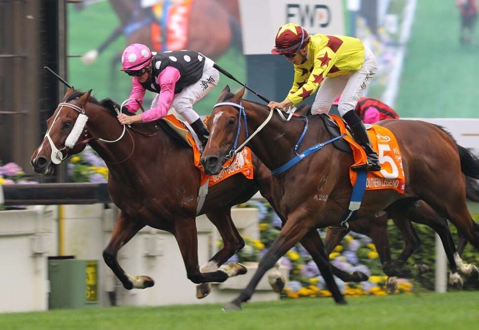 Southern Legend (outside) holds off Beauty Generation to win the Champions Mile.