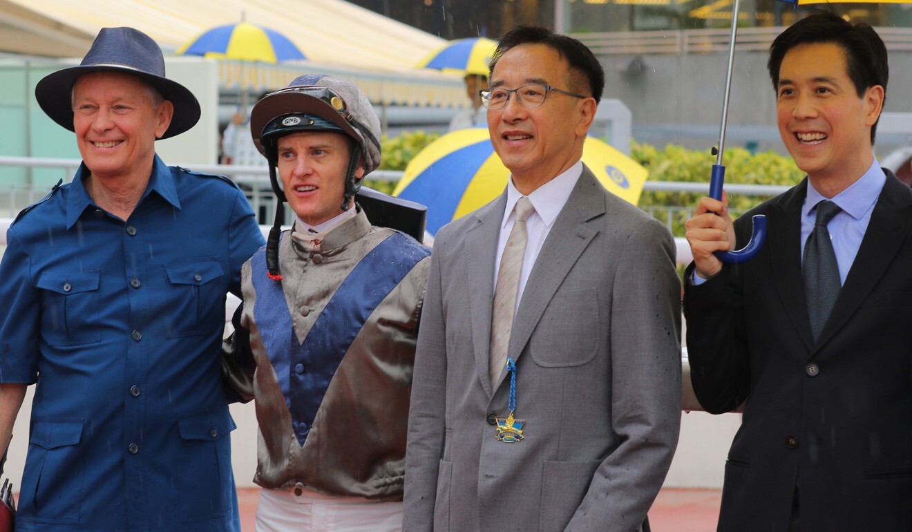 John Moore, Zac Purton with Aethero’s owner Arthur Cheng (right) and his father-in-law, former politician, James Tien (second from right).