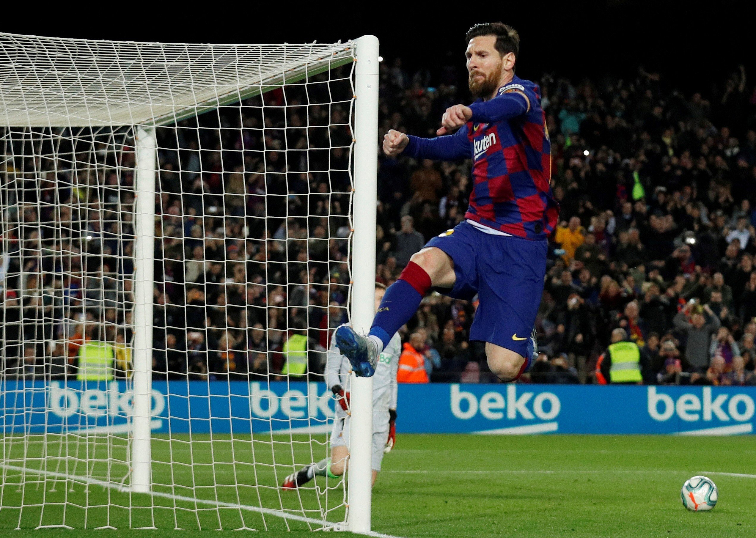 Barcelona’s Lionel Messi celebrates scoring against Real Sociedad in March. Photo: Reuters