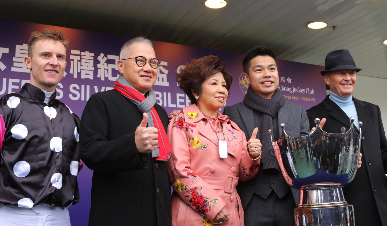 Beauty Generation’s connections after winning the Group One Queen's Silver Jubilee Cup. From left: Zac Purton, Simon Kwok, Eleanor Kwok, Patrick Kwok and John Moore.